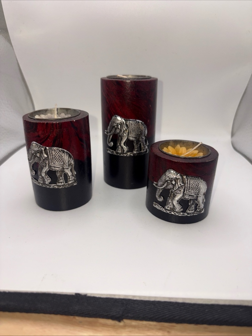 Decorative Red and Black Elephant Candle Holders - Set of 3